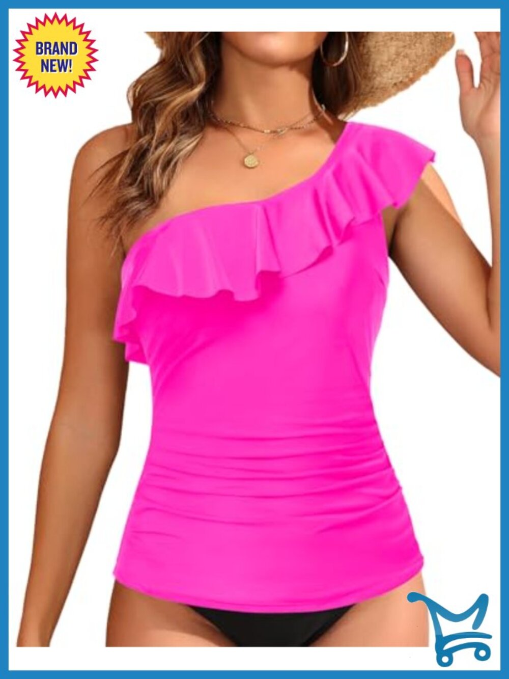 One Shoulder Tankini Swim Top Ruffle Ruched Padded Push-Up Bathing Suit Top